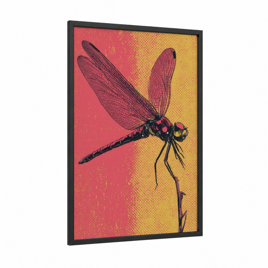 Crimson Dragonfly framed art print — black wood frame — magenta and gold palette