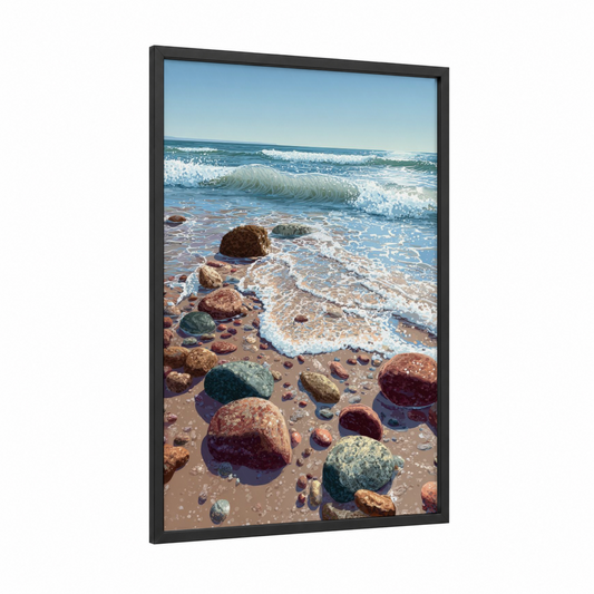 Rocky Shoreline Waves framed sandy beach print — black wood frame — blue and sand palette