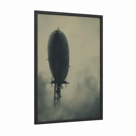 Moody Airship framed art print — black wood frame — gray and black and white palette