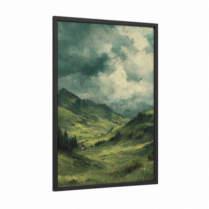 Alpine Valley Vista framed alps print — black wood frame — green and blue and white palette