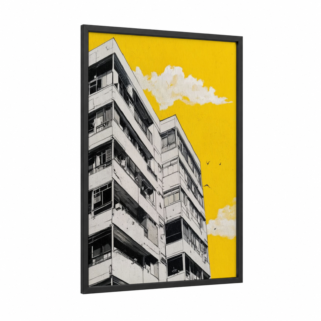 Golden Brutalism framed abstract architecture print — black wood frame — yellow gold and black and white palette