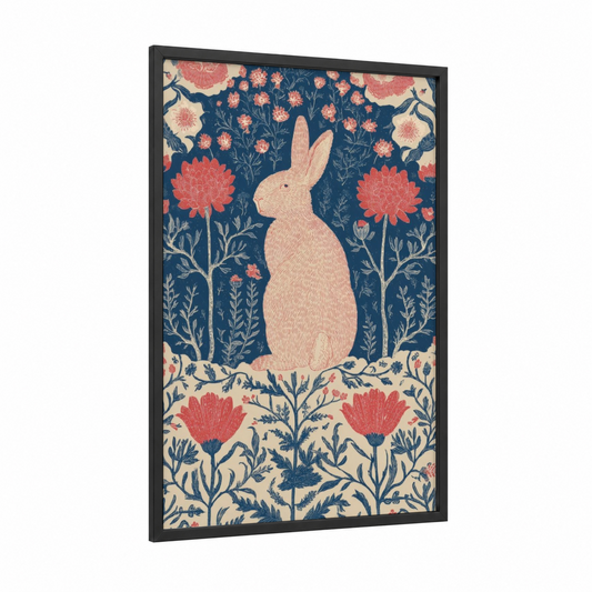 Cream Rabbit Garden framed easter print — black wood frame — blue and salmon pink palette