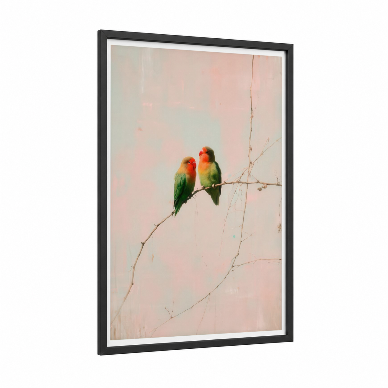 Lovebirds Perched framed safari parrots print — black wood frame — peach and light green palette