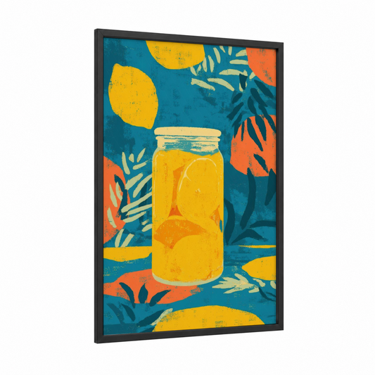 Citrus Preserve framed condiments print — black wood frame — yellow gold and teal palette