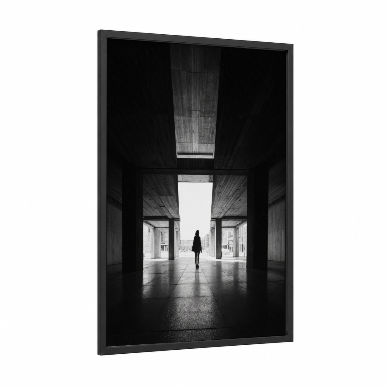 Solitary Passage framed abstract architecture print — black wood frame — black and white and gray palette