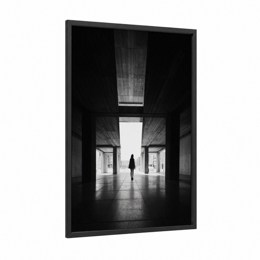 Solitary Passage framed abstract architecture print — black wood frame — black and white and gray palette
