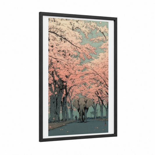 Cherry Blossom Elephant framed asian elephant print — black wood frame — salmon pink and teal palette