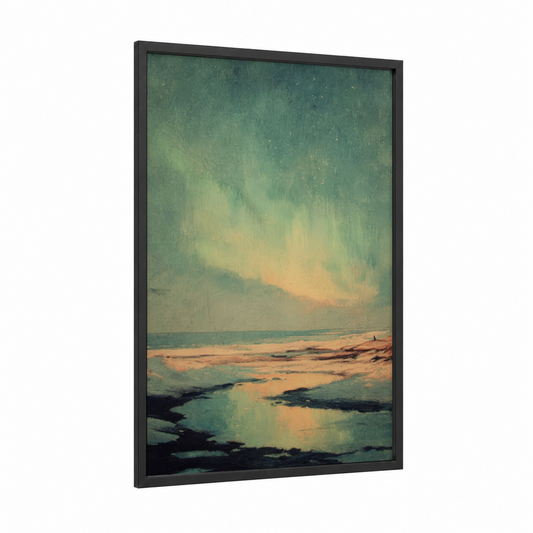 Aurora Coastal Glow framed northern lights print — black wood frame — teal and peach palette