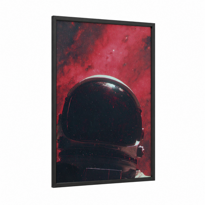 Crimson Void Astronaut framed art print — black wood frame — red and black palette