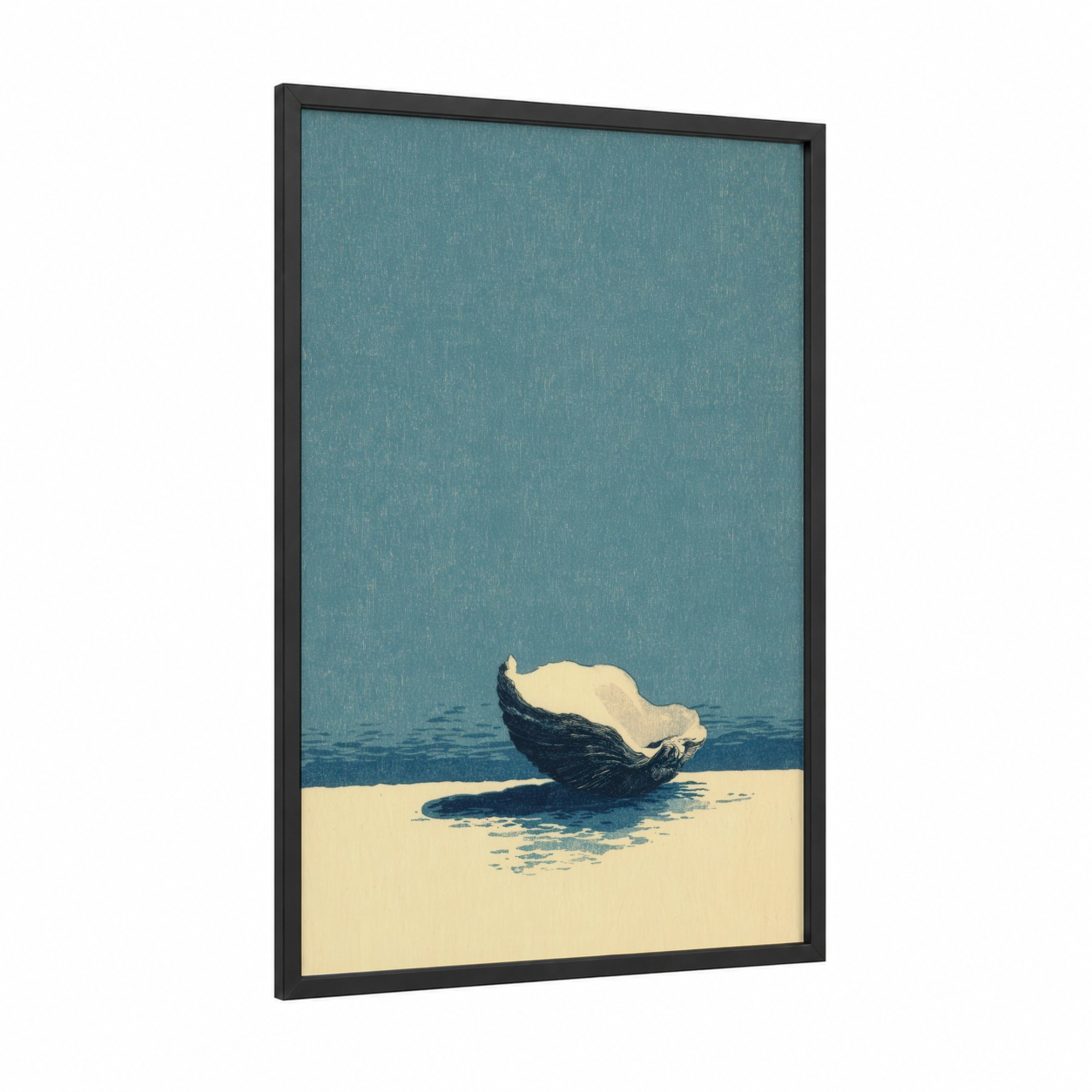 Coastal Oyster framed art print — black wood frame — teal and cream palette