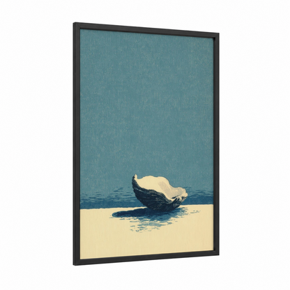 Coastal Oyster framed art print — black wood frame — teal and cream palette