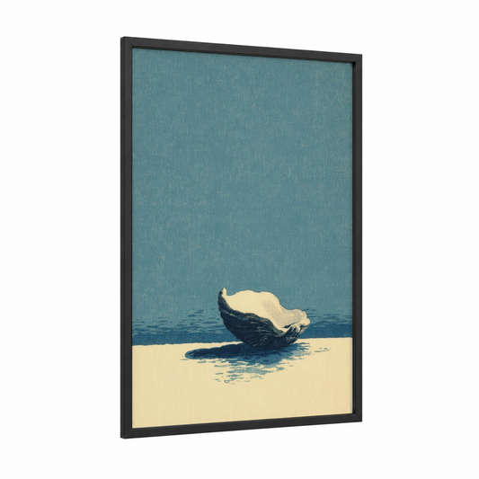 Coastal Oyster framed art print — black wood frame — teal and cream palette