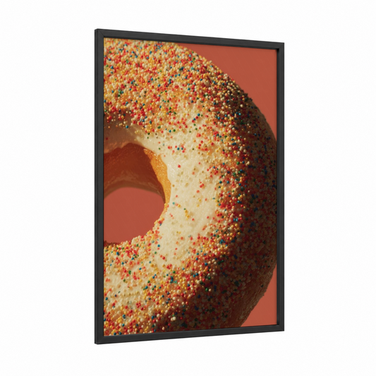 Sprinkled Donut framed sweet print — black wood frame — orange and gold palette