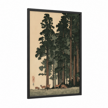 Ancient Redwood Grove framed redwood tree print — black wood frame — cream and dark green palette
