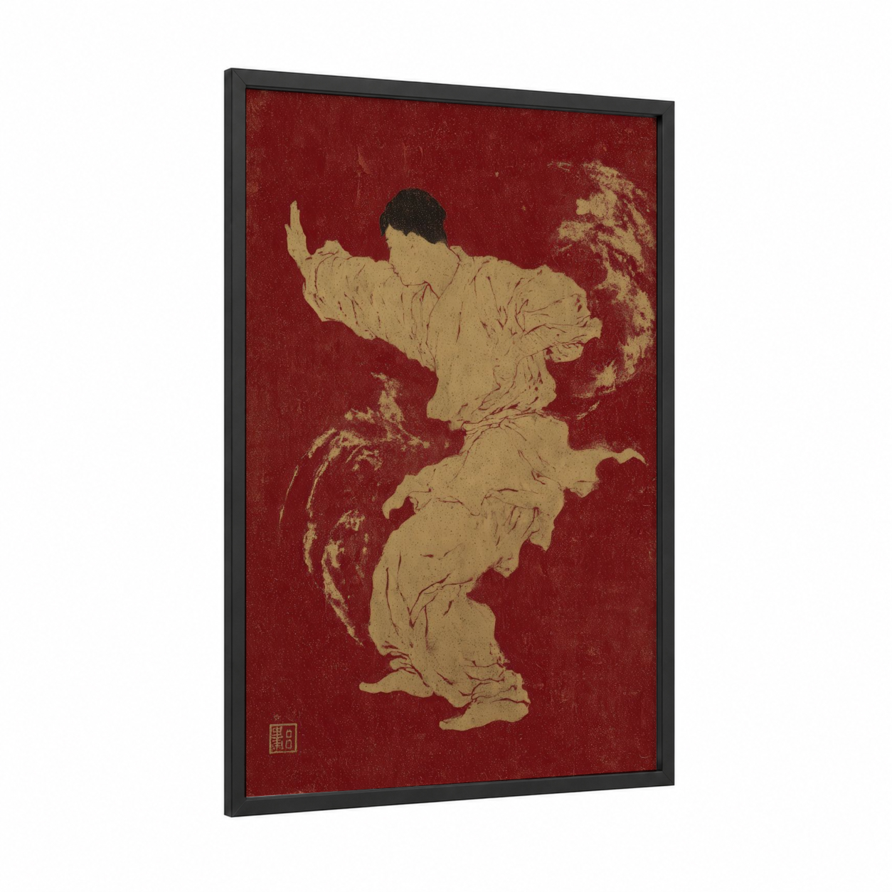 Dynamic Kung Fu Warrior framed art print — black wood frame — red and gold palette