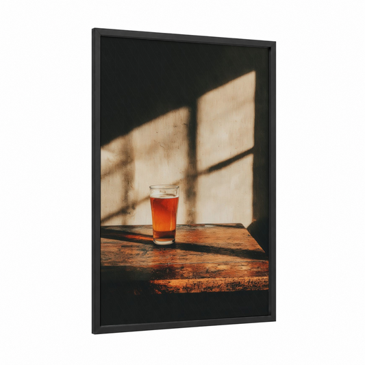 Golden Hour Beer framed art print — black wood frame — gold and brown palette