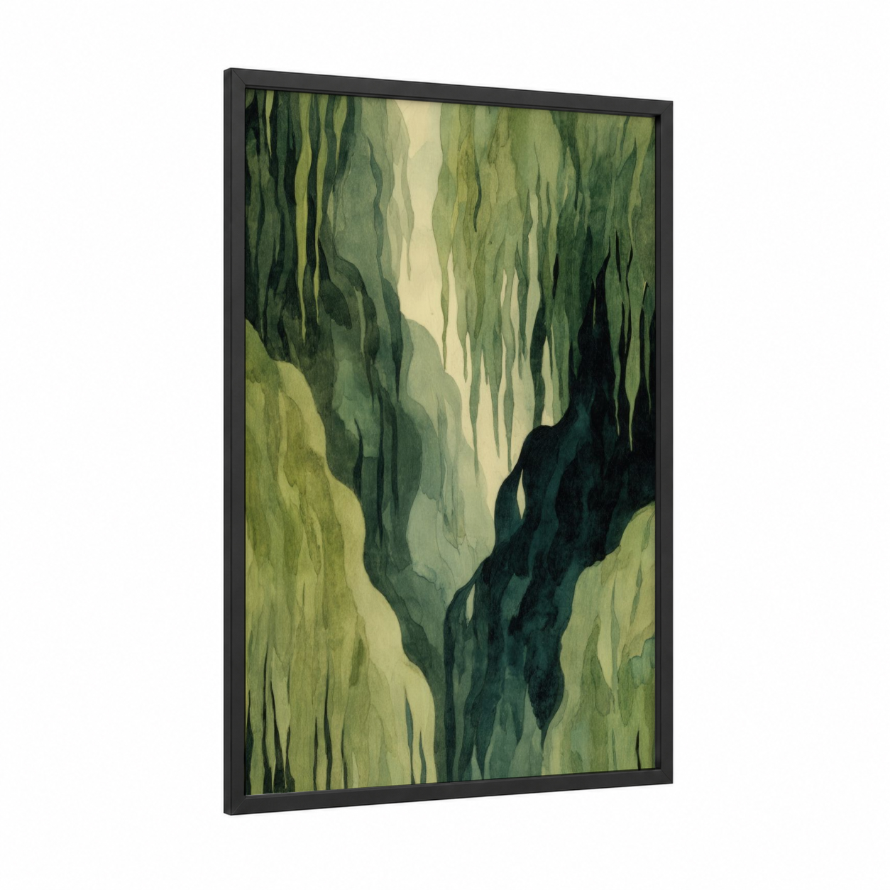 Misty Willow Canyon framed willow forest print — black wood frame — green and cream palette