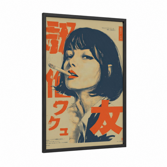Smoking Woman Portrait framed vintage japanese ads print — black wood frame — orange and dark blue palette