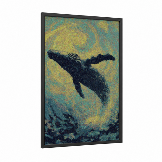 Cosmic Humpback framed humpback whale print — black wood frame — yellow gold and teal palette
