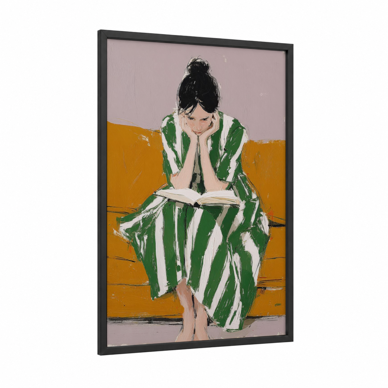 Contemplative Reader framed reading print — black wood frame — green and yellow gold palette
