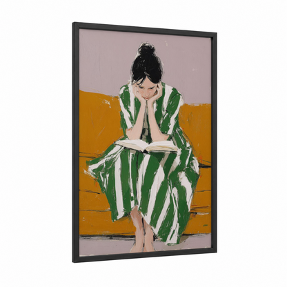 Contemplative Reader framed reading print — black wood frame — green and yellow gold palette