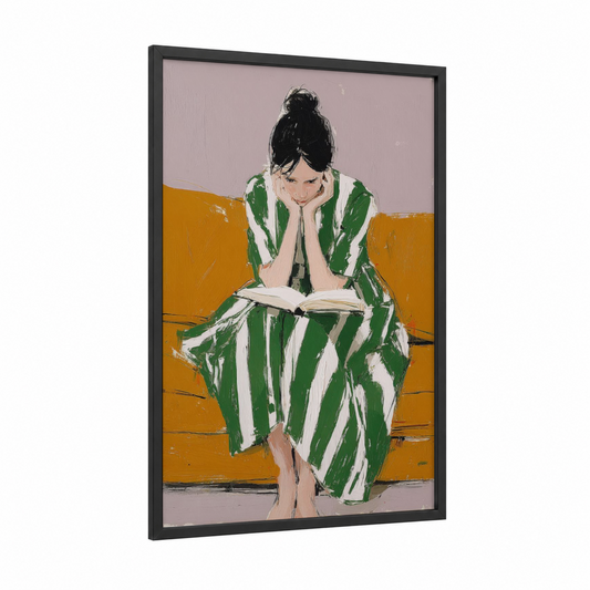 Contemplative Reader framed reading print — black wood frame — green and yellow gold palette
