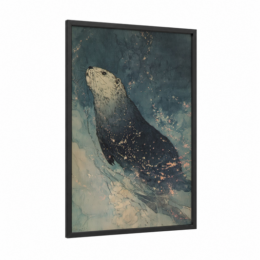 Ethereal Beaver framed art print — black wood frame — teal and gold palette