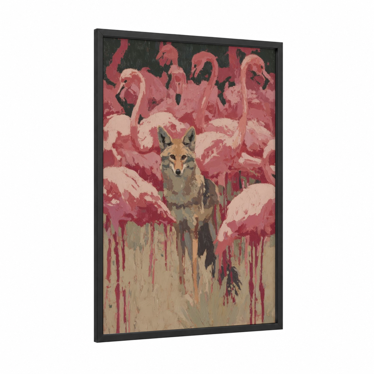 Flamingo Coyote framed art print — black wood frame — salmon pink and gold palette