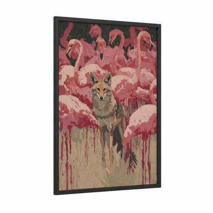 Flamingo Coyote framed art print — black wood frame — salmon pink and gold palette