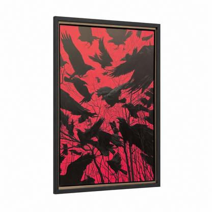 Crows and Ravens framed art print — black wood frame — red and black palette