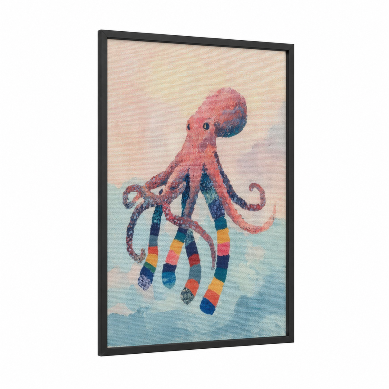 Rainbow Octopus framed art print — black wood frame — salmon pink and turquoise palette