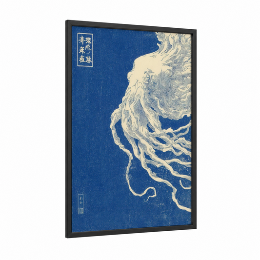 Midnight Squid framed art print — black wood frame — blue and cream palette