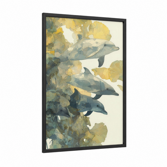 Graceful Dolphin Trio framed dolphins print — black wood frame — blue and gold and cream palette