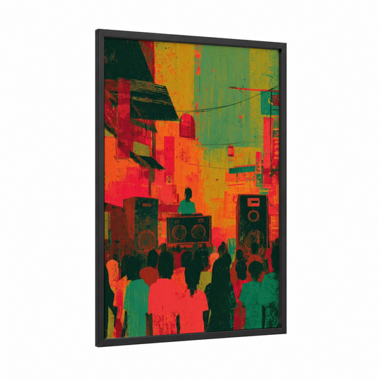 Reggae Festival Crowd framed art print — black wood frame — red and orange palette