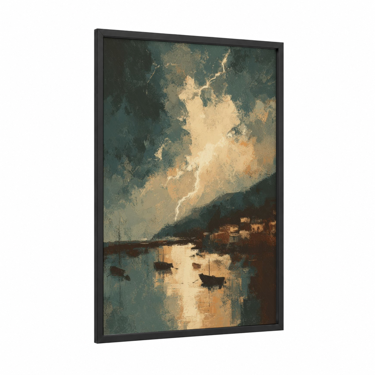 Coastal Storm Light framed art print — black wood frame — dark green and gold palette