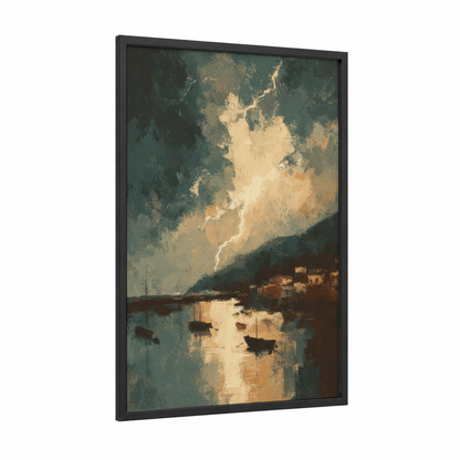 Coastal Storm Light framed art print — black wood frame — dark green and gold palette