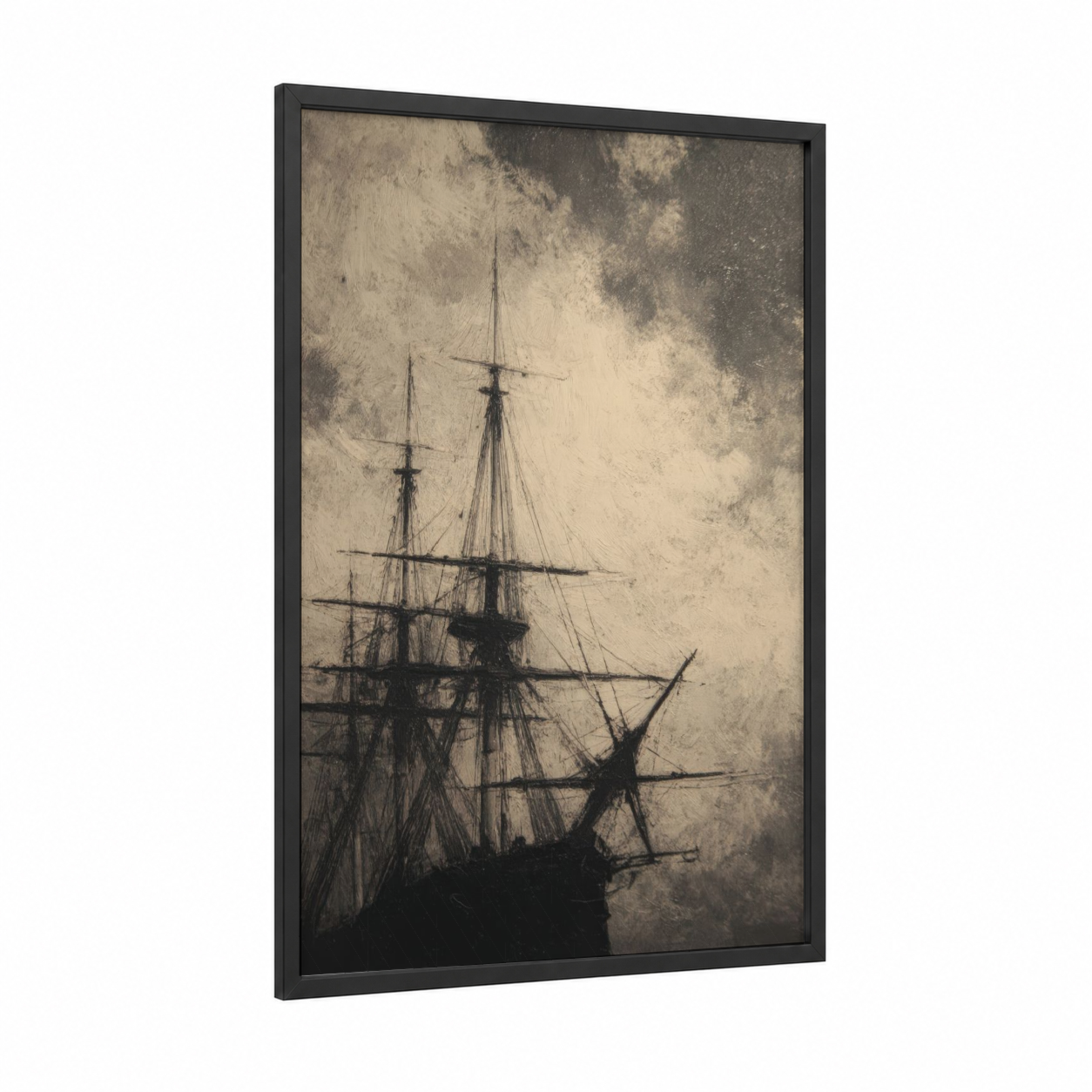 Tall Ship Silhouette framed old ships print — black wood frame — black and white and cream palette