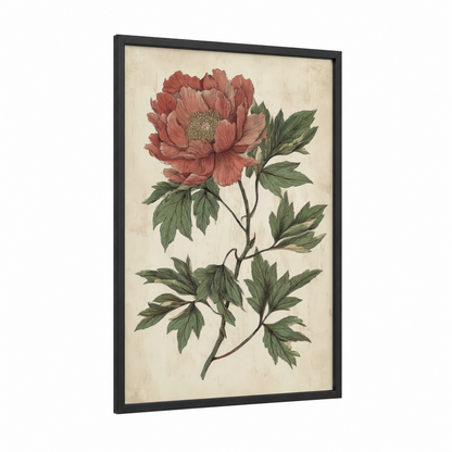 Coral Peony Bloom framed art print — black wood frame — salmon pink and dark green palette