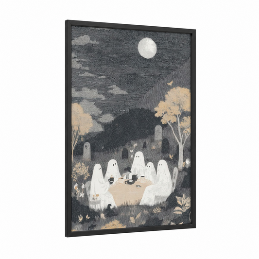Ghostly Cemetery Tea framed halloween print — black wood frame — gray and cream palette