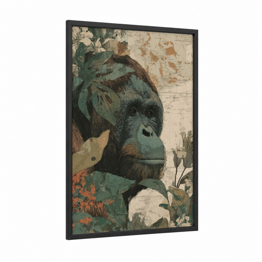 Contemplative Orangutan framed art print — black wood frame — sage green and cream palette