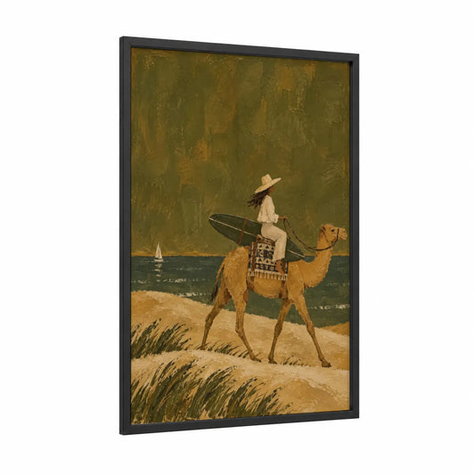 Camel Surfer Beach Scene Wall Art framed art print — black wood frame — olive and beige palette