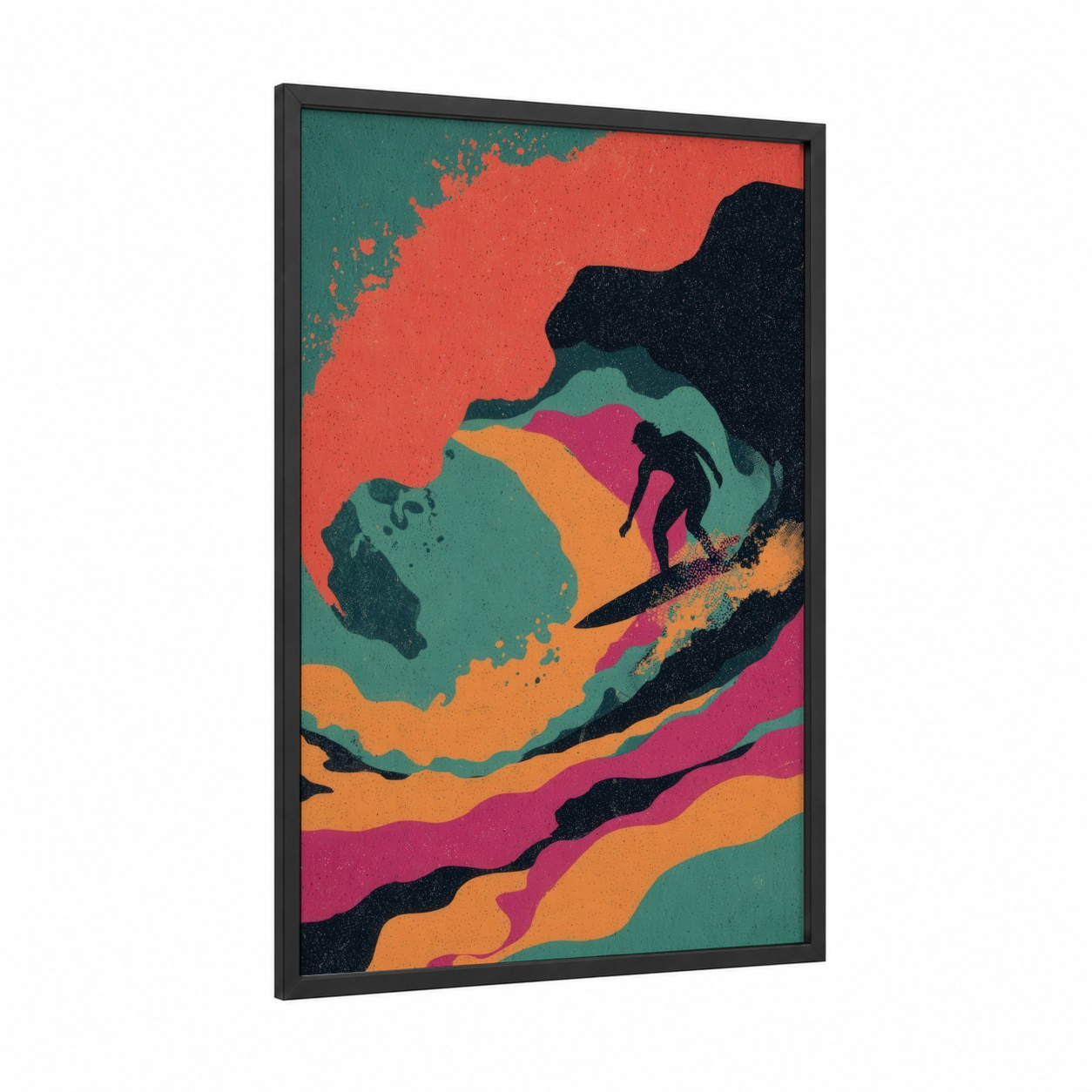 Colorful Surfer framed water surfing print — black wood frame — red and teal palette