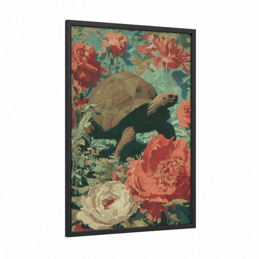 Floral Turtle Garden framed art print — black wood frame — sage green and salmon pink palette