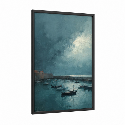 Stormy Harbor framed art print — black wood frame — blue and gray and white palette