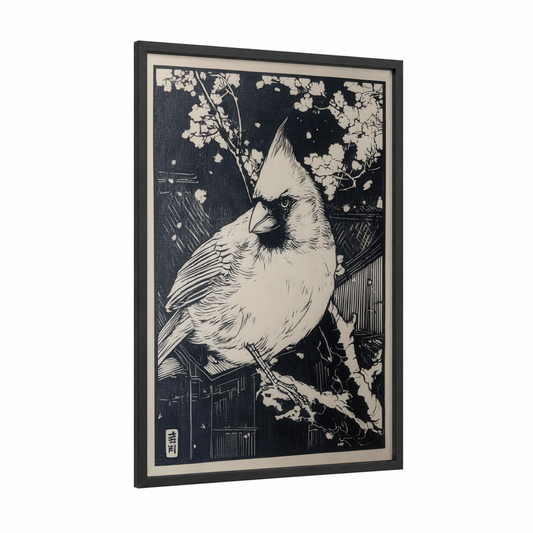 Crested Cardinal framed art print — black wood frame — black and white palette