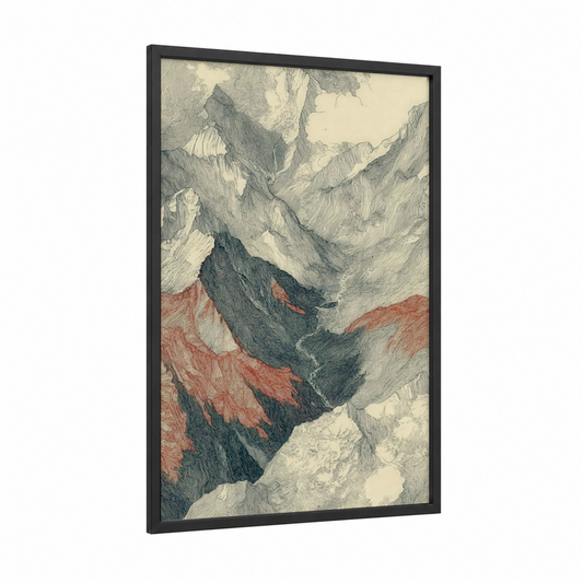 Alpine Ridge Everest framed mount everest print — black wood frame — cream and russet palette