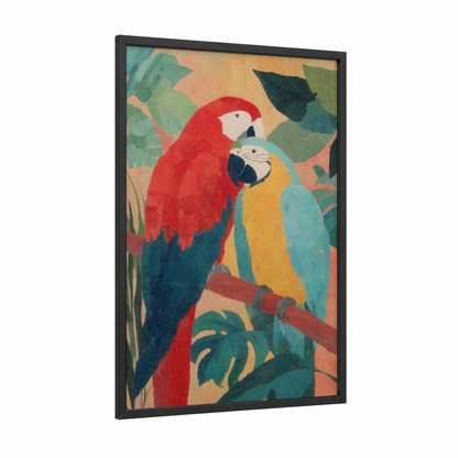 Tropical Macaw Pair framed animals in love print — black wood frame — red and turquoise palette
