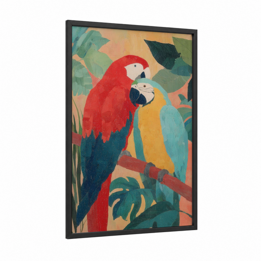 Tropical Macaw Pair framed animals in love print — black wood frame — red and turquoise palette