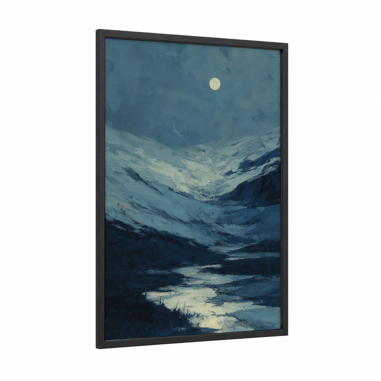 Moonlit Glacier framed art print — black wood frame — blue and white and dark blue palette