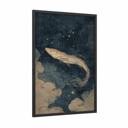 Celestial Eel framed eels print — black wood frame — dark blue and gold palette